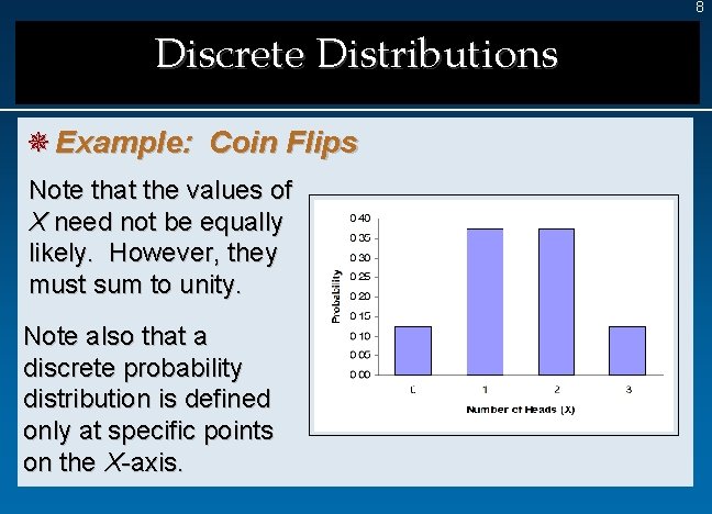 8 Discrete Distributions ¯ Example: Coin Flips Note that the values of X need