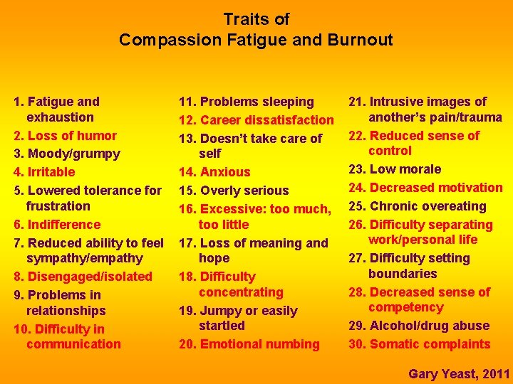 Traits of Compassion Fatigue and Burnout 1. Fatigue and exhaustion 2. Loss of humor Traits of Compassion Fatigue and Burnout 1. Fatigue and exhaustion 2. Loss of humor