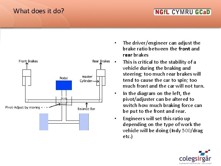 What does it do? • • The driver/engineer can adjust the brake ratio between