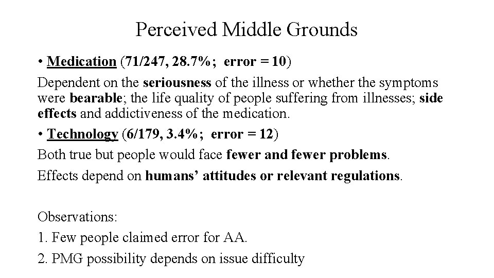 Perceived Middle Grounds • Medication (71/247, 28. 7%; error = 10) Dependent on the