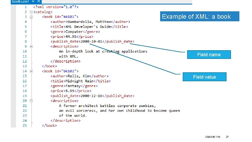 Example of XML: a book list Field name Field value OBA 340 YIN 27