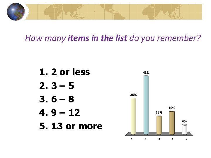 How many items in the list do you remember? 1. 2 or less 2.