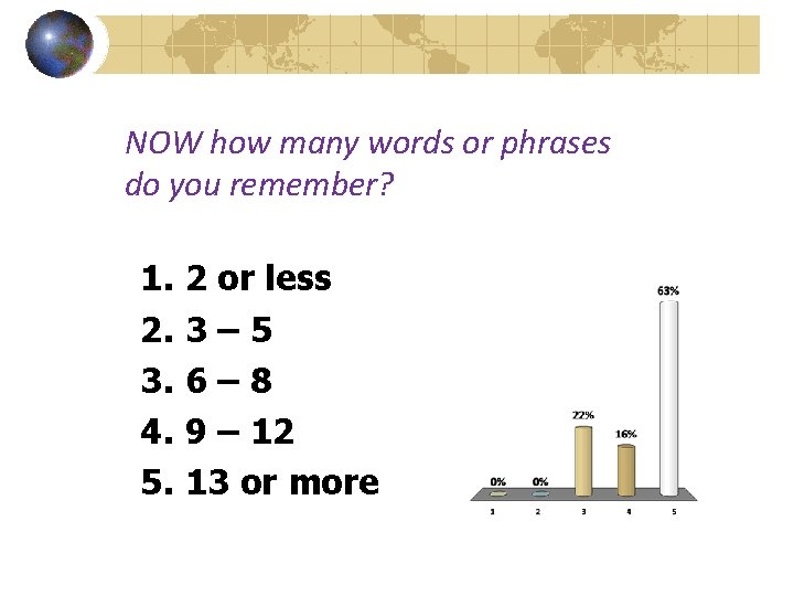 NOW how many words or phrases do you remember? 1. 2 or less 2.