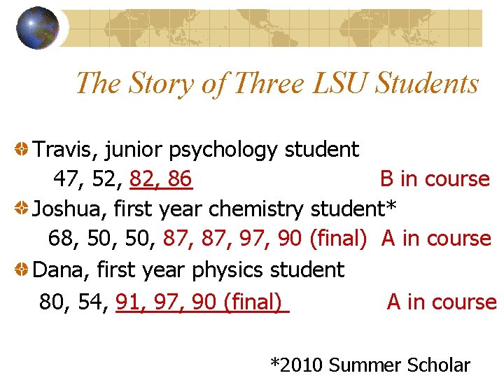 The Story of Three LSU Students Travis, junior psychology student 47, 52, 86 B