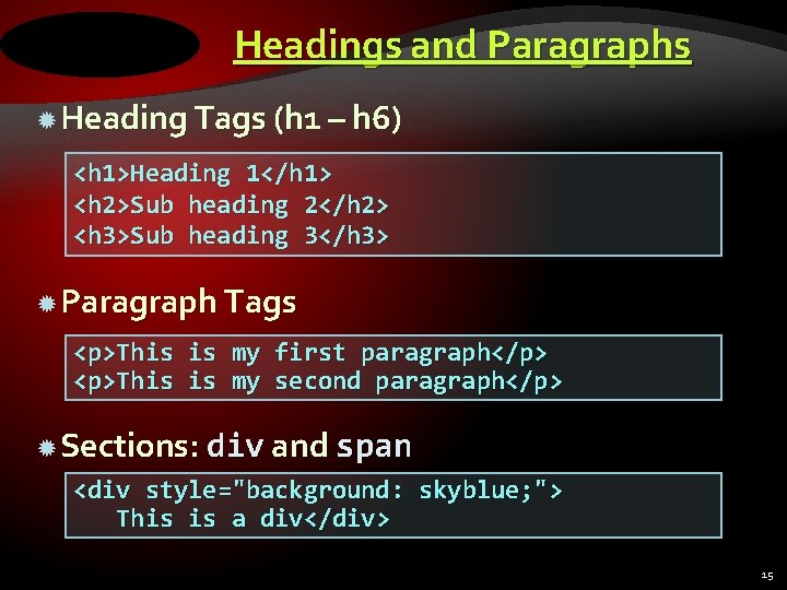 Headings and Paragraphs Heading Tags (h 1 – h 6) <h 1>Heading 1</h 1>