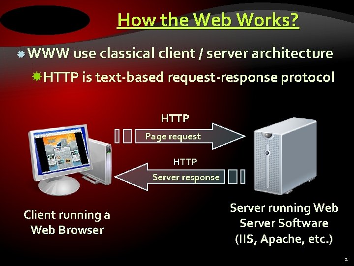 How the Web Works? WWW use classical client / server architecture HTTP is text-based