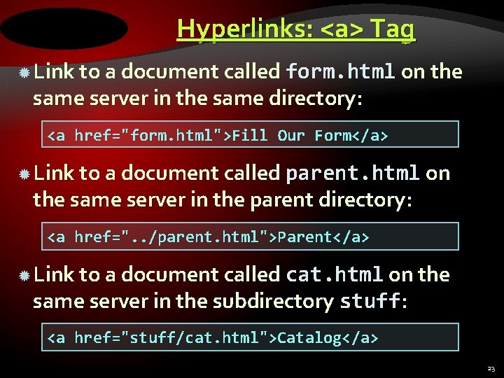 Hyperlinks: <a> Tag Link to a document called form. html on the same server