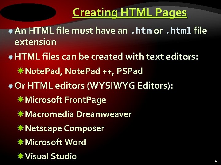Creating HTML Pages An HTML file must have an. htm or. html file extension