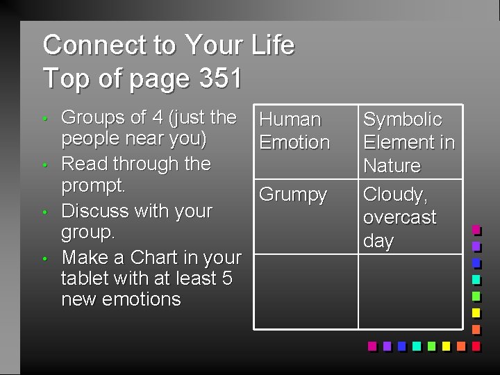 Connect to Your Life Top of page 351 • • Groups of 4 (just