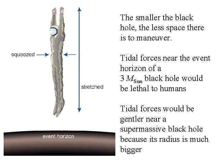 The smaller the black hole, the less space there is to maneuver. Tidal forces