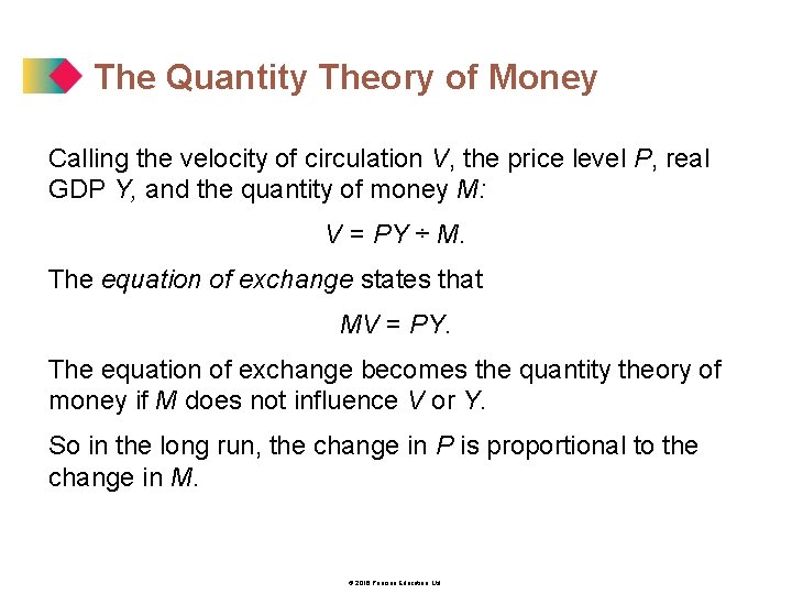The Quantity Theory of Money Calling the velocity of circulation V, the price level