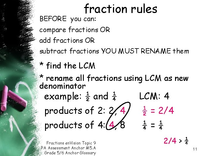 fraction rules BEFORE you can: compare fractions OR add fractions OR subtract fractions YOU