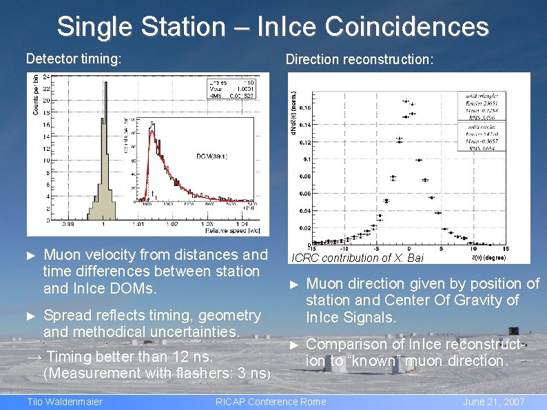 Single Station – In. Ice Coincidences Detector timing: ► ► Direction reconstruction: Muon velocity