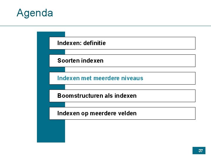 Agenda Indexen: definitie Soorten indexen Indexen met meerdere niveaus Boomstructuren als indexen Indexen op