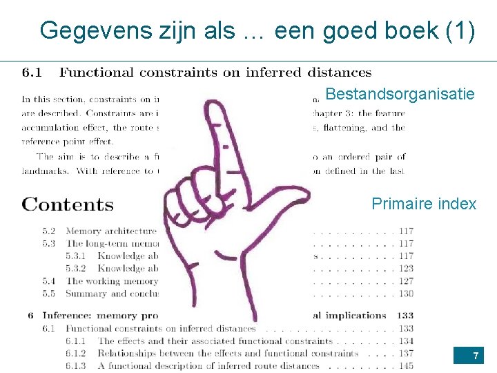 Gegevens zijn als … een goed boek (1) Bestandsorganisatie Primaire index 7 