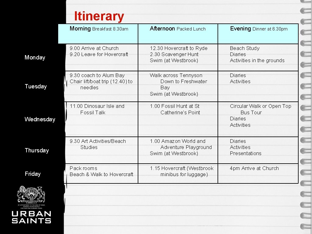 Itinerary Monday Tuesday Morning Breakfast 8. 30 am Afternoon Packed Lunch Evening Dinner at