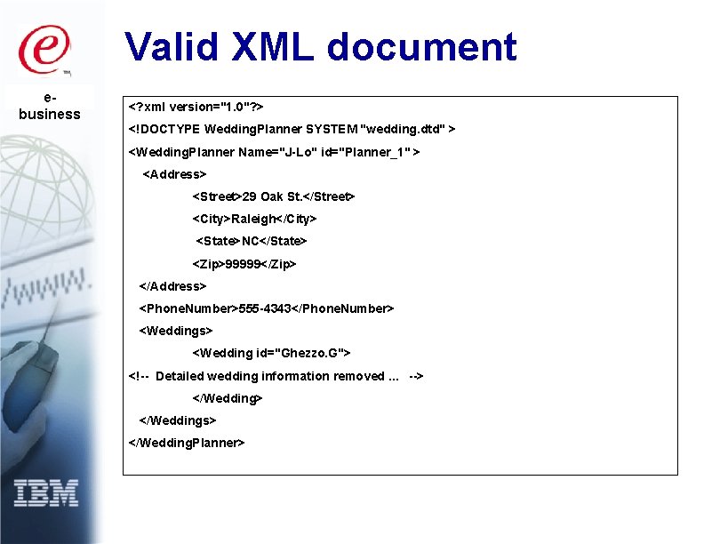 Valid XML document ebusiness <? xml version="1. 0"? > <!DOCTYPE Wedding. Planner SYSTEM "wedding.