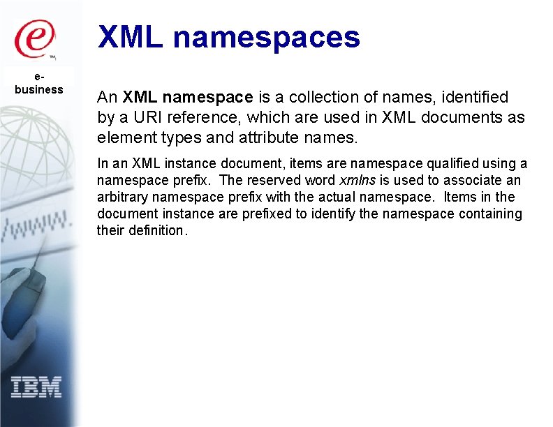 XML namespaces ebusiness An XML namespace is a collection of names, identified by a