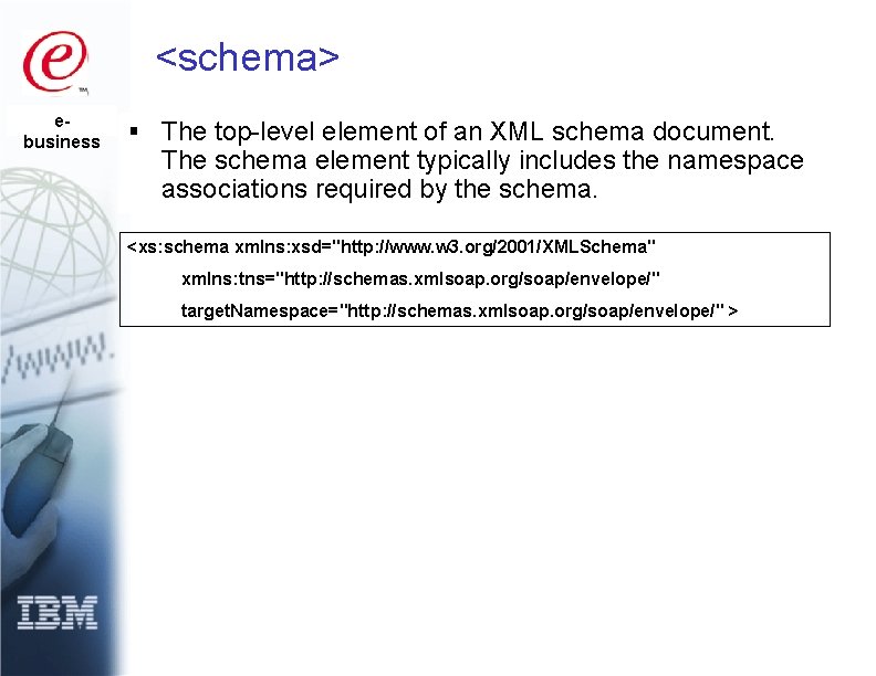 <schema> ebusiness § The top-level element of an XML schema document. The schema element
