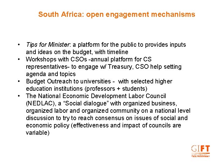 South Africa: open engagement mechanisms • Tips for Minister: a platform for the public