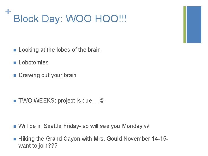 + Block Day: WOO HOO!!! n Looking at the lobes of the brain n