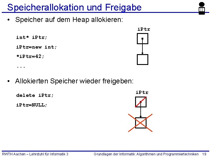 Speicherallokation und Freigabe • Speicher auf dem Heap allokieren: i. Ptr int* i. Ptr;