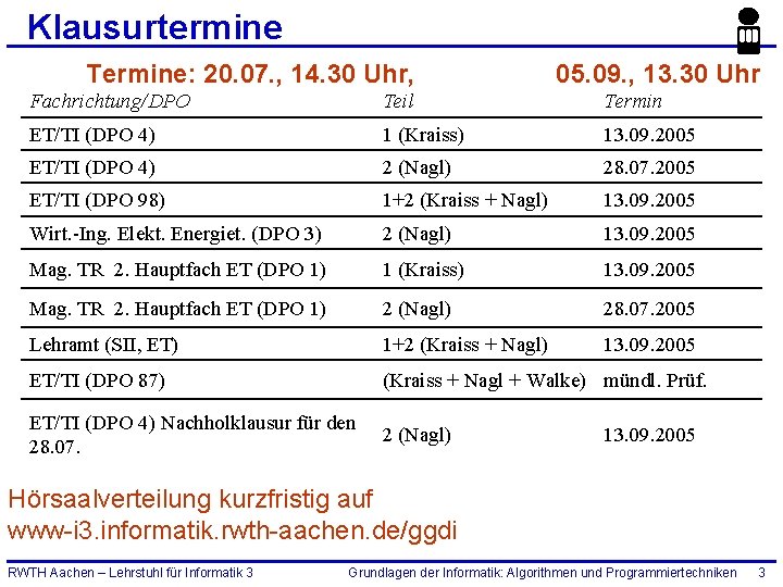 Klausurtermine Termine: 20. 07. , 14. 30 Uhr, 05. 09. , 13. 30 Uhr