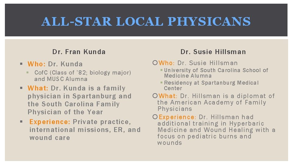 ALL-STAR LOCAL PHYSICANS Dr. Fran Kunda § Who: Dr. Kunda § Cof. C (Class