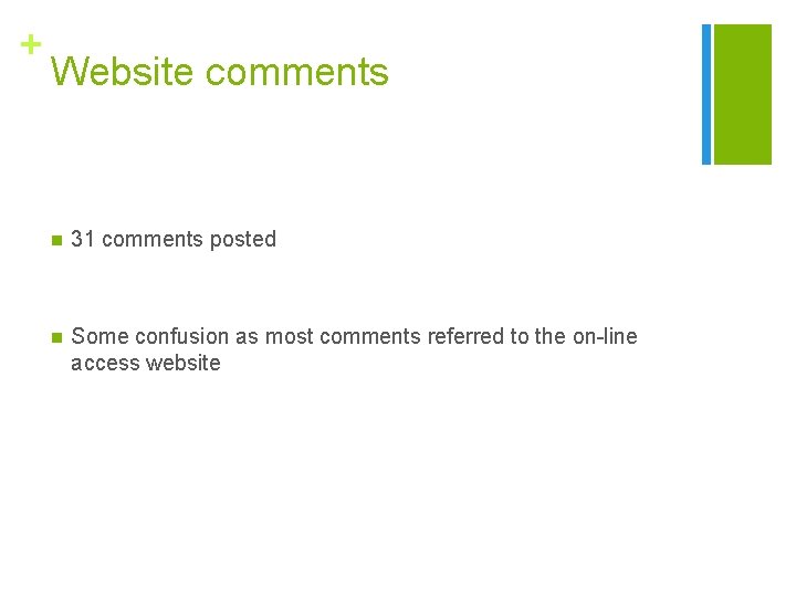 + Website comments n 31 comments posted n Some confusion as most comments referred