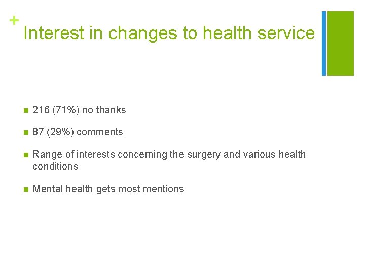 + Interest in changes to health service n 216 (71%) no thanks n 87