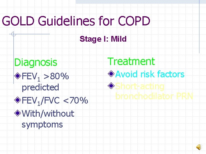 GOLD Guidelines for COPD Stage I: Mild Diagnosis FEV 1 >80% predicted FEV 1/FVC