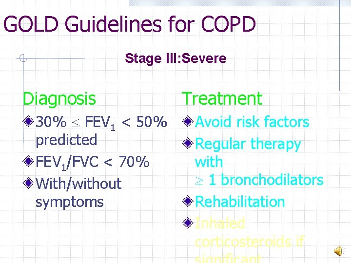 GOLD Guidelines for COPD Stage III: Severe Diagnosis 30% FEV 1 < 50% predicted