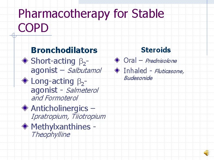 Pharmacotherapy for Stable COPD Bronchodilators Short-acting b 2 agonist – Salbutamol Long-acting b 2