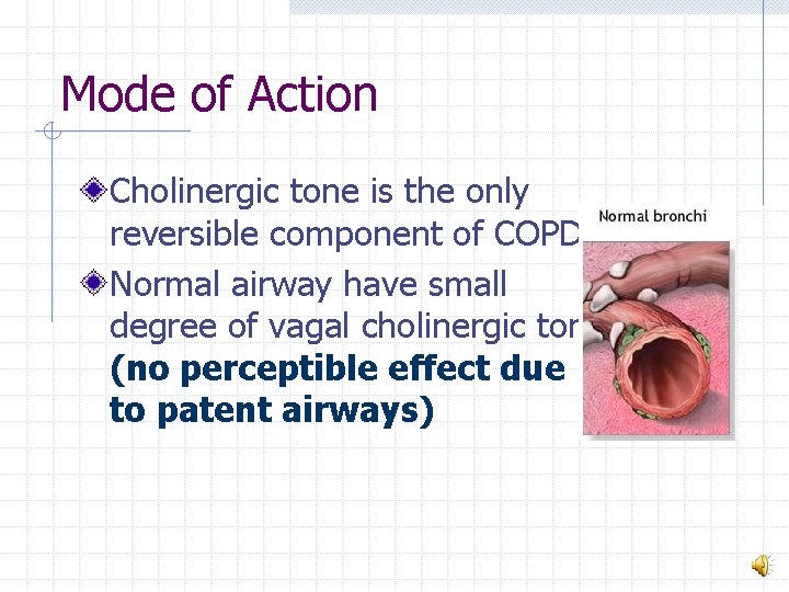 Mode of Action Cholinergic tone is the only reversible component of COPD Normal airway