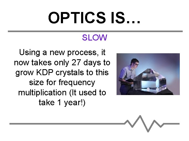 OPTICS IS… SLOW Using a new process, it now takes only 27 days to