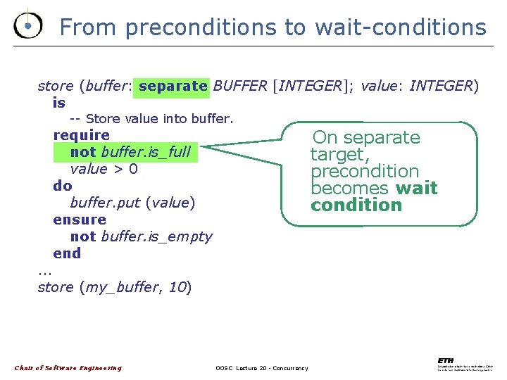 From preconditions to wait-conditions store (buffer: separate BUFFER [INTEGER]; value: INTEGER) is -- Store
