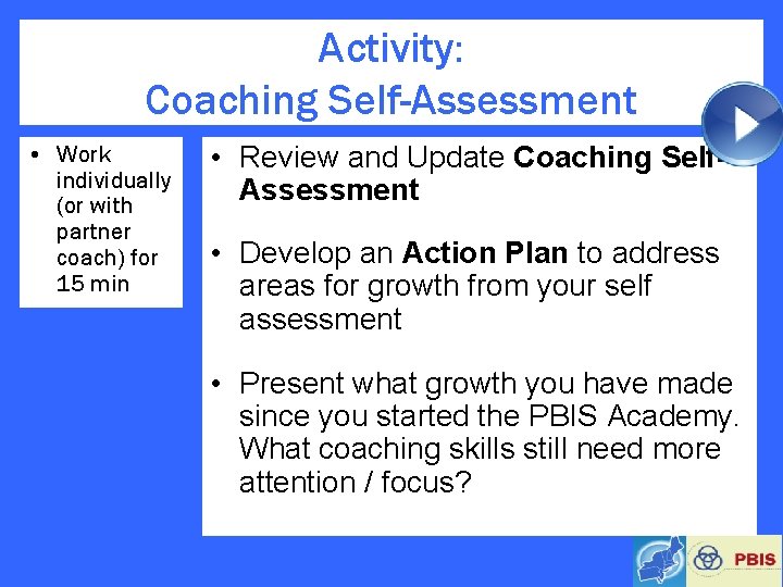 Activity: Coaching Self-Assessment • Work individually (or with partner coach) for 15 min •