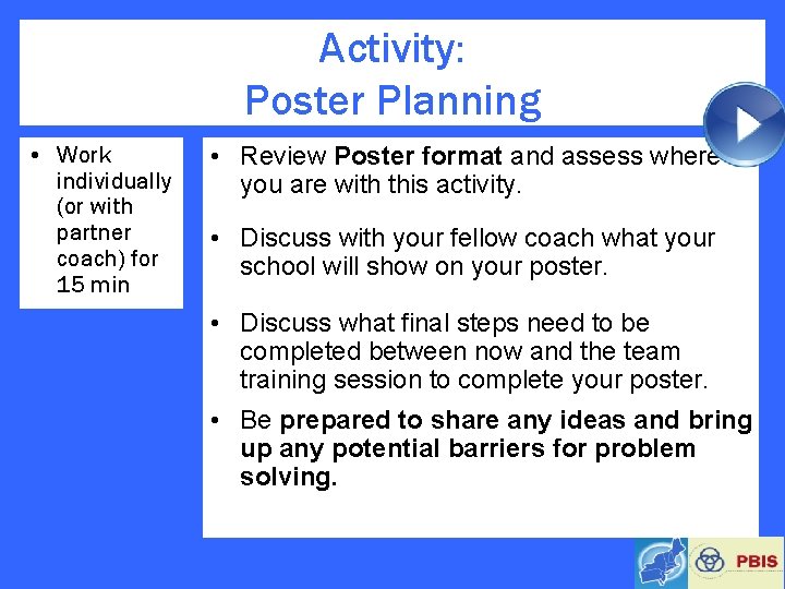 Activity: Poster Planning • Work individually (or with partner coach) for 15 min •