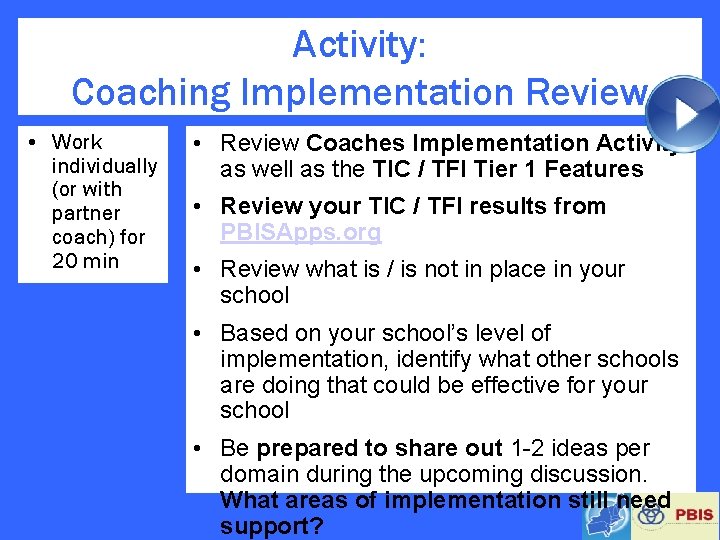Activity: Coaching Implementation Review • Work individually (or with partner coach) for 20 min