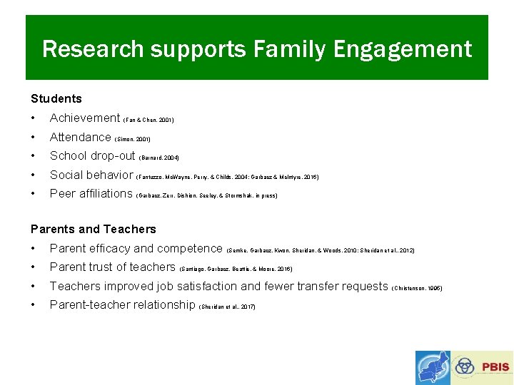 Research supports Family Engagement Students • Achievement (Fan & Chen, 2001) • Attendance (Simon,