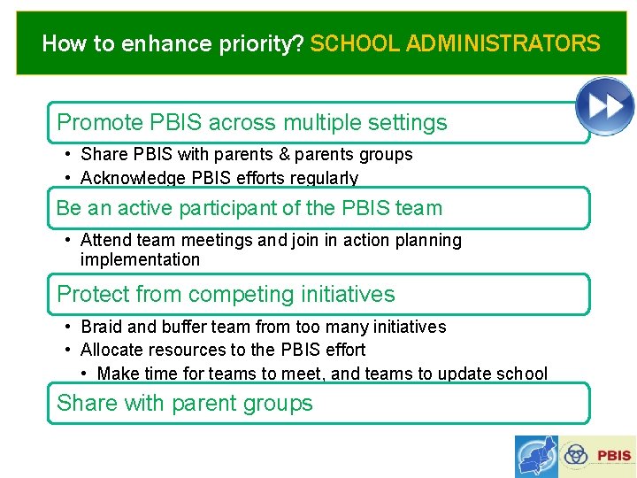 How to enhance priority? SCHOOL ADMINISTRATORS Promote PBIS across multiple settings • Share PBIS