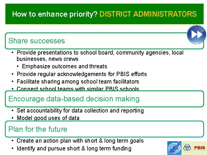 How to enhance priority? DISTRICT ADMINISTRATORS Share successes • Provide presentations to school board,