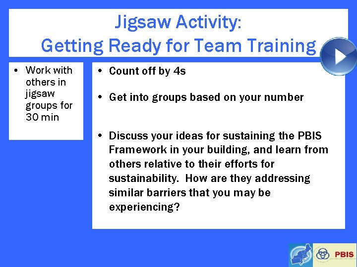 Jigsaw Activity: Getting Ready for Team Training • Work with others in jigsaw groups