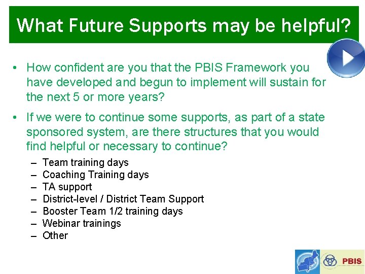What Future Supports may be helpful? • How confident are you that the PBIS