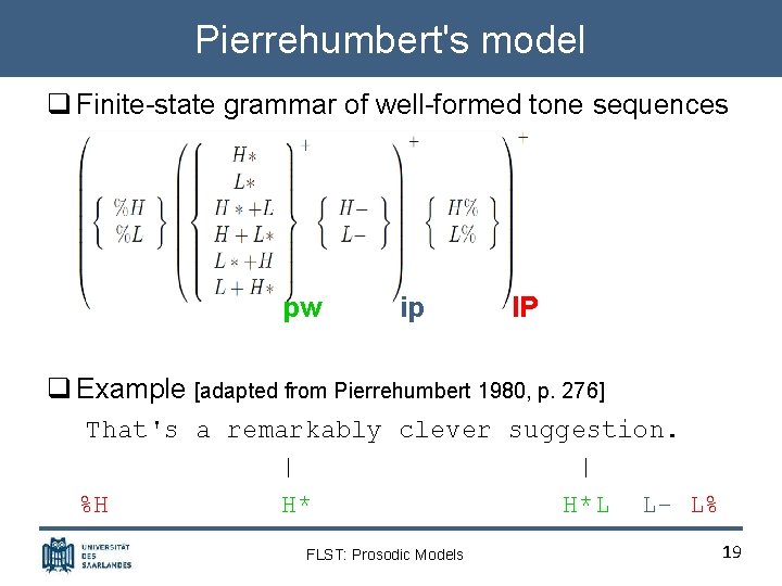 Pierrehumbert's model q Finite-state grammar of well-formed tone sequences pw ip IP q Example