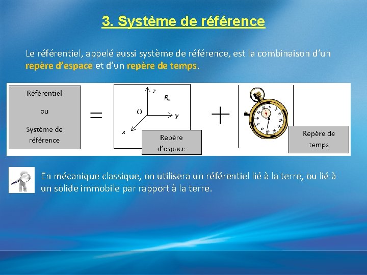 3. Système de référence Le référentiel, appelé aussi système de référence, est la combinaison