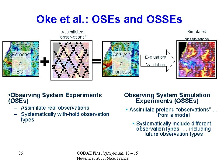 Oke et al. : OSEs and OSSEs Simulated Assimilated “observations” observations Forecast Analysis or