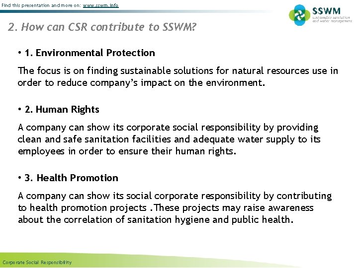 Find this presentation and more on: www. sswm. info 2. How can CSR contribute