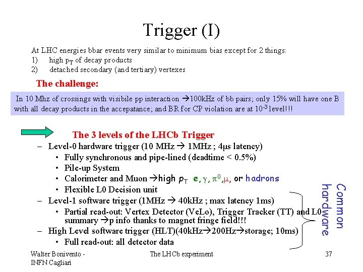Trigger (I) At LHC energies bbar events very similar to minimum bias except for