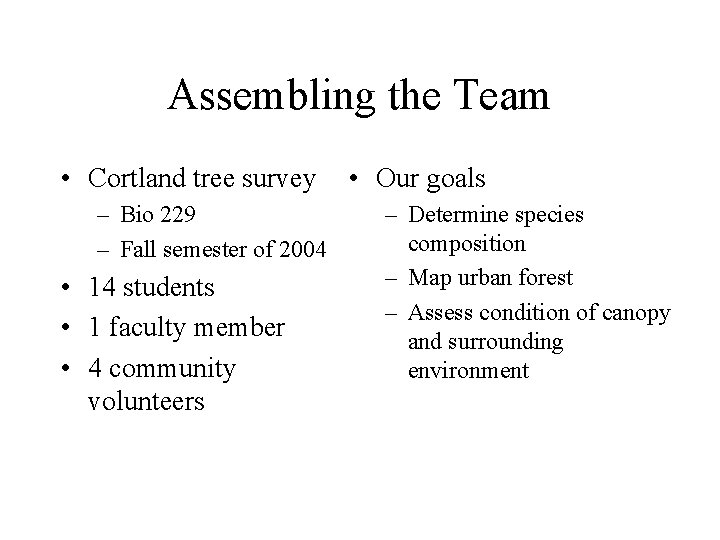 Assembling the Team • Cortland tree survey – Bio 229 – Fall semester of